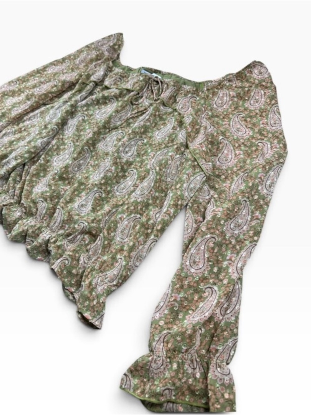 DR2 Paisley Floral Peasant Blouse XL Sage Green Boho Ruffle NWT - Picture 9 of 14